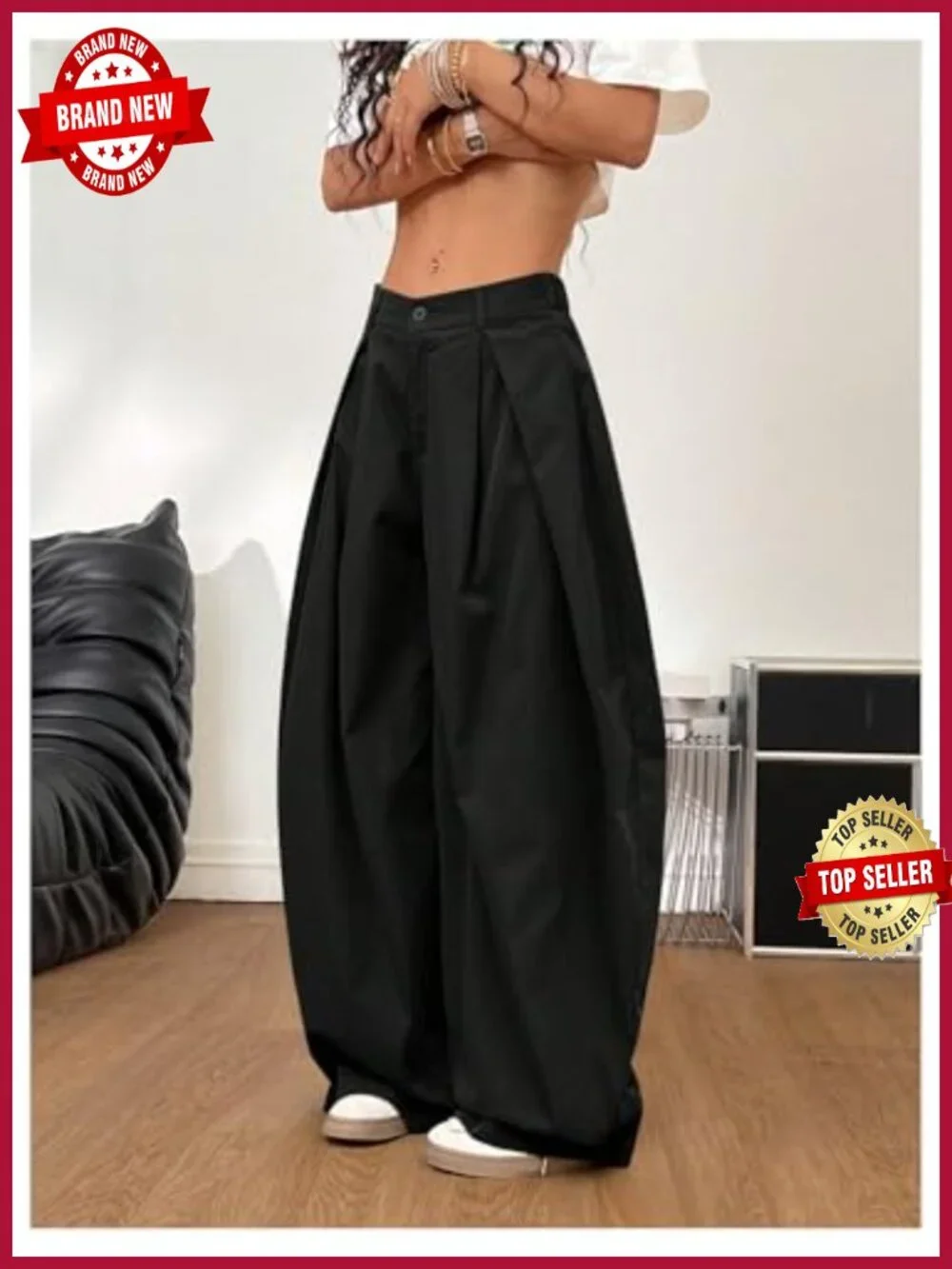 Women's Pleated Wide Leg Cargo Pants, High Waist Baggy Y2K Trousers, Business